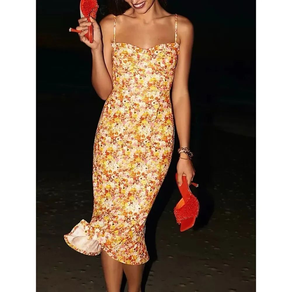 Hutch Sweetheart Midi Dress | Orange and Yellow in XS